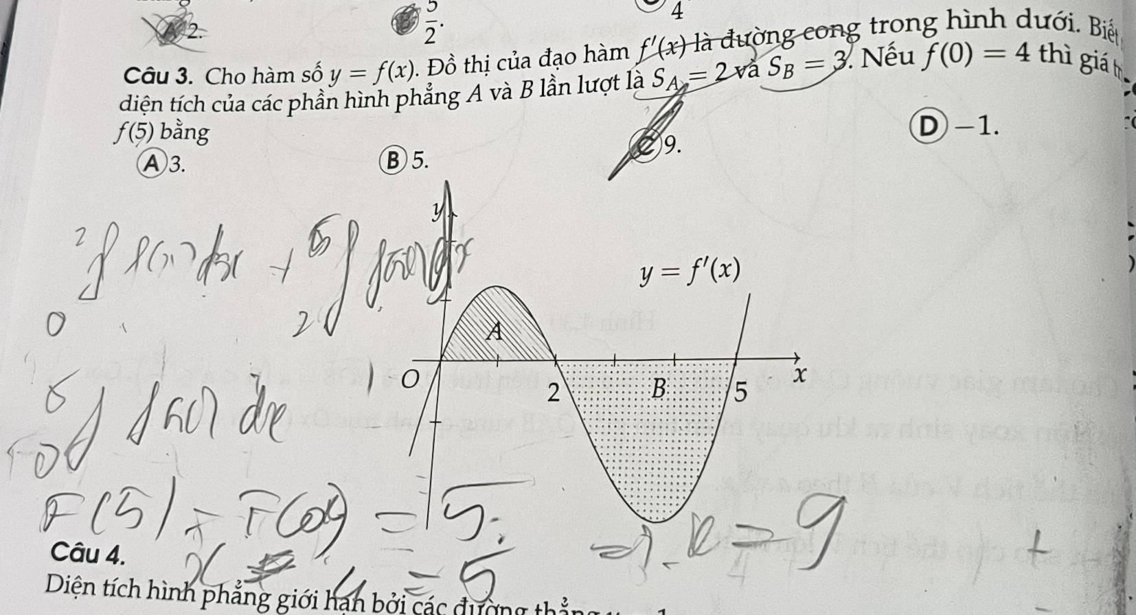  5/2 .
4
Câu 3. Cho hàm số y=f(x). Đồ thị của đạo hàm f'(x) là đường cong trong hình dưới. Biế
diện tích của các phần hình phẳng A và B lần lượt là S_A_2=2 và S_B=3 Nếu f(0)=4 thì giá
f(5) bằng D -1.
②9.
Ⓐ3. ⑧ 5.
Câu 4.
Diện tích hình phẳng giới hạn bởi các đường