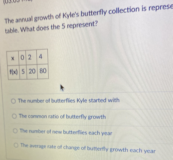 The annual growth of Kyle's butterfly collection is represe
table. What does the 5 represent?
The number of butterflies Kyle started with
The common ratio of butterfly growth
The number of new butterflies each year
The average rate of change of butterfly growth each year