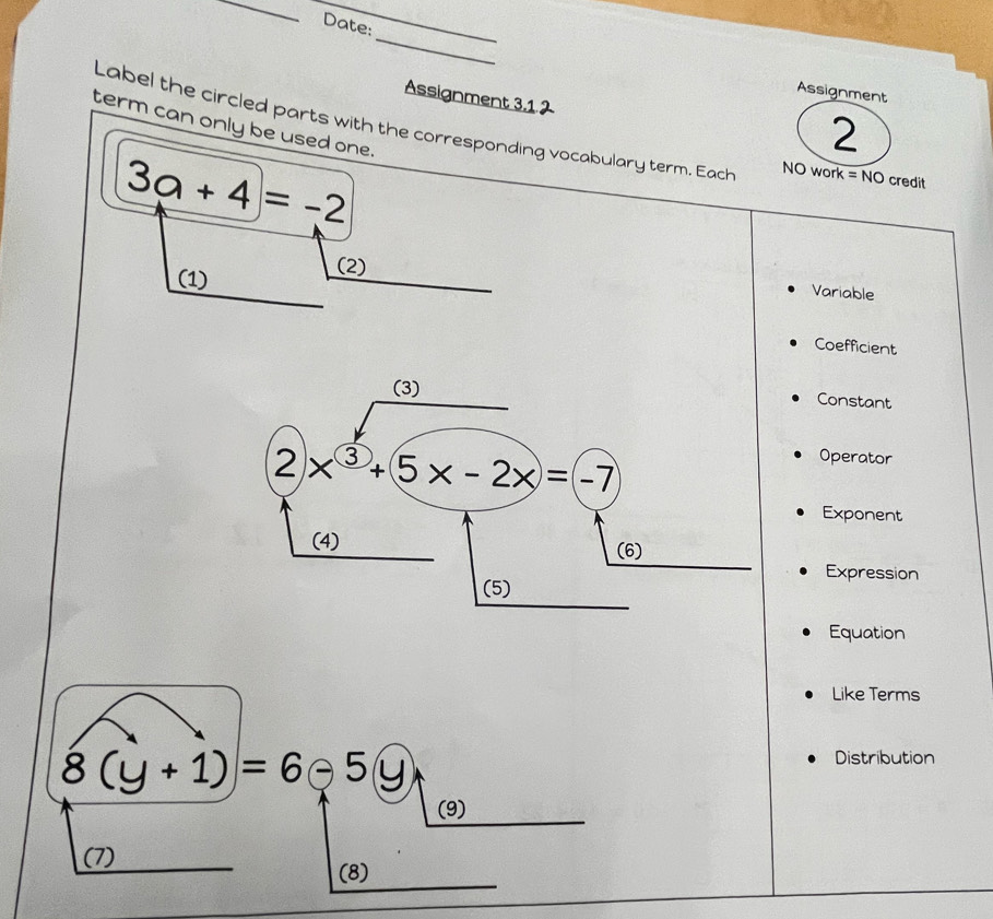 Date:
_
Assignment
Assignment 3.1 2
term can only be used one.
2
Label the circled parts with the corresponding vocabulary term. Each
3a+4=-2
NO work =NO credit
(1)
(2)
Variable
Coefficient
Constant
Operator
Exponent
Expression
Equation
Like Terms
8(y+1)=6-5y
Distribution
(9)
(7)
(8)