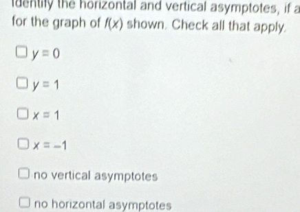 identily the horizontal and vertical asymptotes, if a
for the graph of f(x) shown. Check all that apply.
y=0
y=1
x=1
x=-1
no vertical asymptotes
no horizontal asymptotes