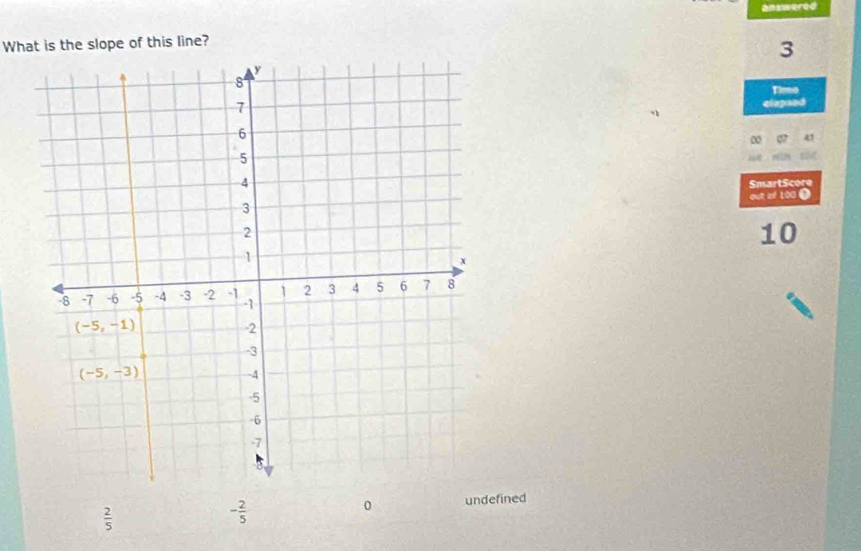 answered
What is the slope of this line?
3
Timo
elepsed
SmartScore
out of 100 .
10
0 undefined
 2/5 
- 2/5 