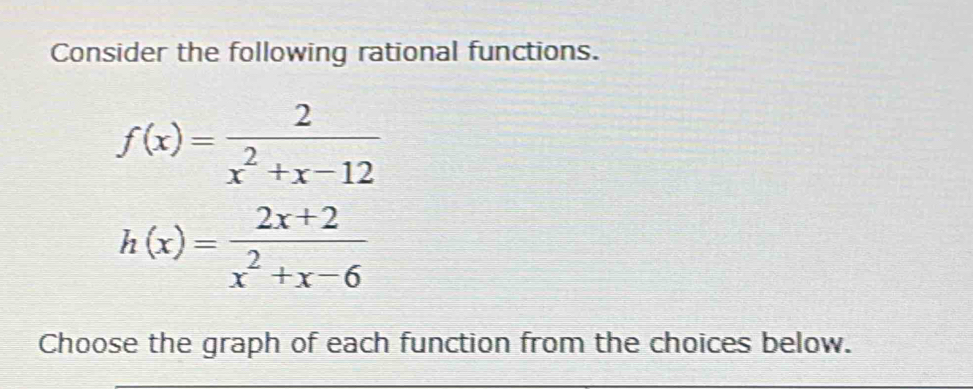 Consider the following rational functions.
f(x)= 2/x^2+x-12 
h(x)= (2x+2)/x^2+x-6 
Choose the graph of each function from the choices below.