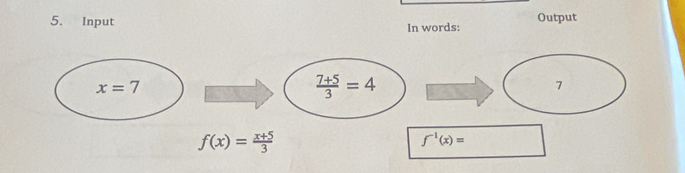 Input In words: Output
f(x)= (x+5)/3 
f^(-1)(x)=