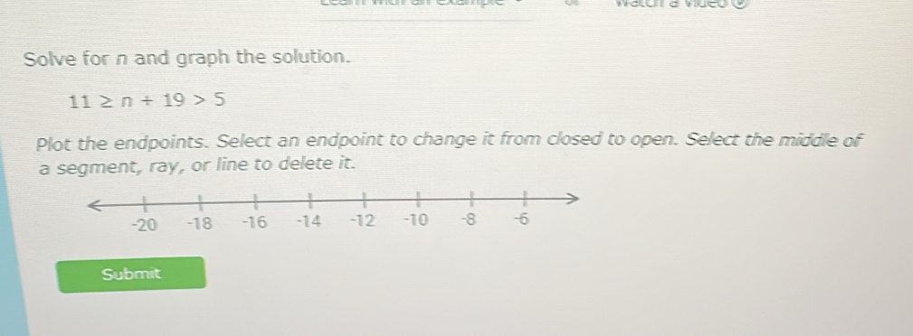 Solve for n and graph the solution.
11≥ n+19>5
Plot the endpoints. Select an endpoint to change it from closed to open. Select the middle of 
a segment, ray, or line to delete it. 
Submit