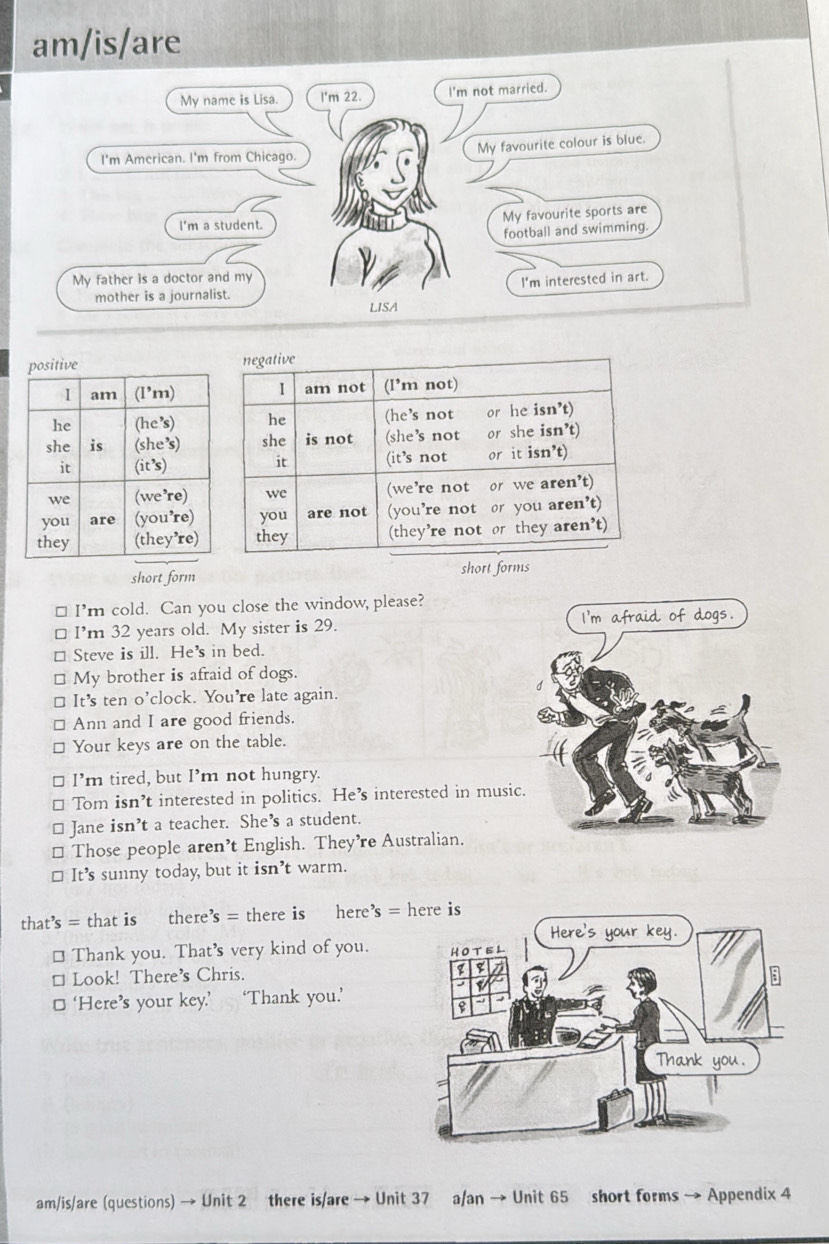 am/is/are
My name is Lisa. l'm 22. I'm not married.
I'm American. I'm from Chicago. My favourite colour is blue.
I'm a student. My favourite sports are
football and swimming.
My father is a doctor and my
mother is a journalist. I'm interested in art.
LISA

short form short forms
I’m cold. Can you close the window, please?
I’m 32 years old. My sister is 29. I'm afraid of dogs.
Steve is ill. He's in bed.
My brother is afraid of dogs.
It’s ten o’clock. You’re late again.
Ann and I are good friends.
Your keys are on the table.
I’m tired, but I’m not hungry.
Tom isn’t interested in politics. He’s interested in music.
Jane isn’t a teacher. She’s a student.
Those people aren’t English. They’re Australian.
It’s sunny today but it isn’t warm.
that’s = that is there’s = there is here’s 
* Thank you. That's very kind of you.
* Look! There's Chris.
□ ‘Here’s your key.’ ‘Thank you.’
am/is/are (questions) → Unit 2 there is/are → Unit 37 a/an → Unit 65 short forms → Appendix 4