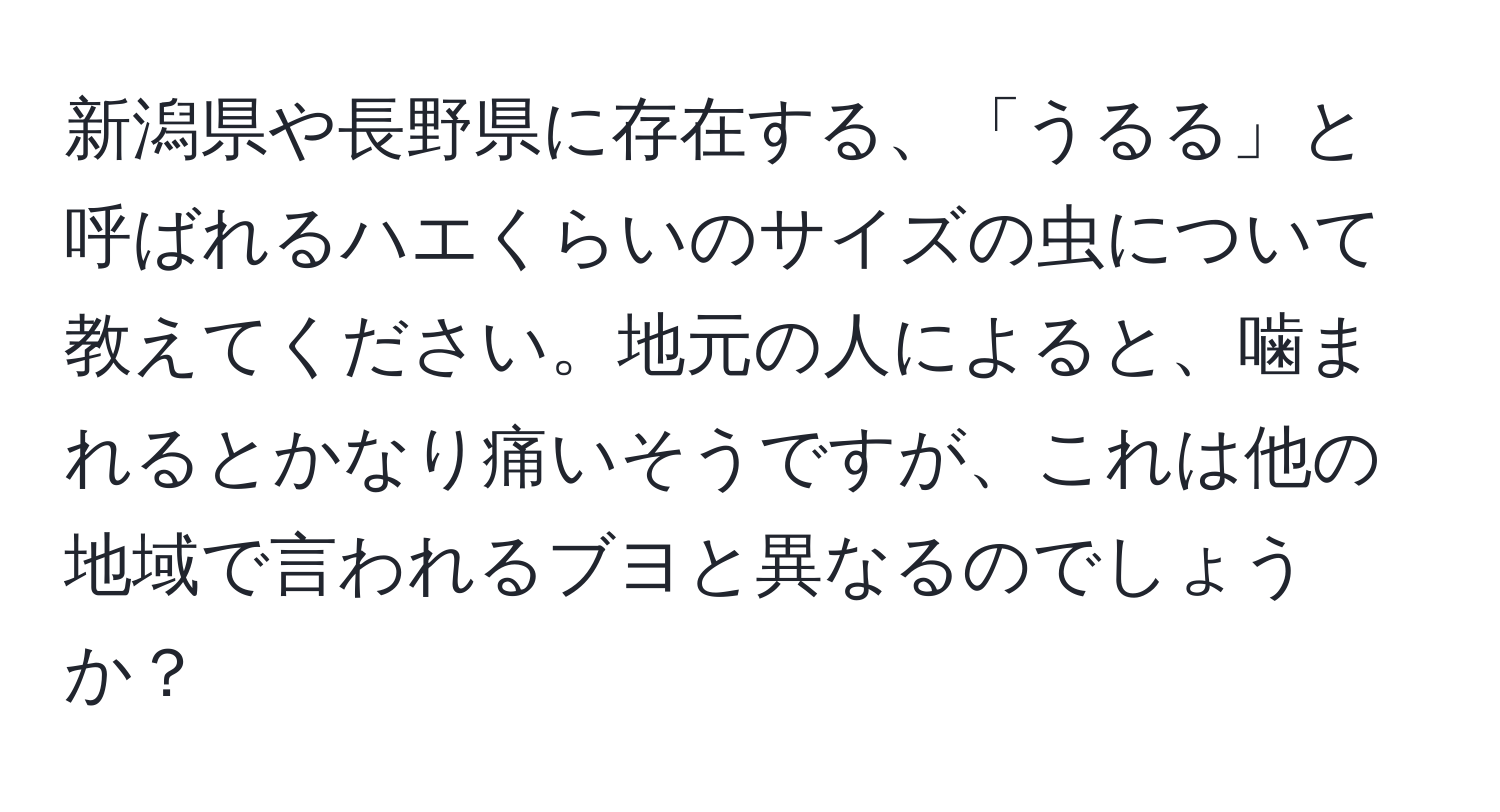 新潟県や長野県に存在する、「うるる」と呼ばれるハエくらいのサイズの虫について教えてください。地元の人によると、噛まれるとかなり痛いそうですが、これは他の地域で言われるブヨと異なるのでしょうか？