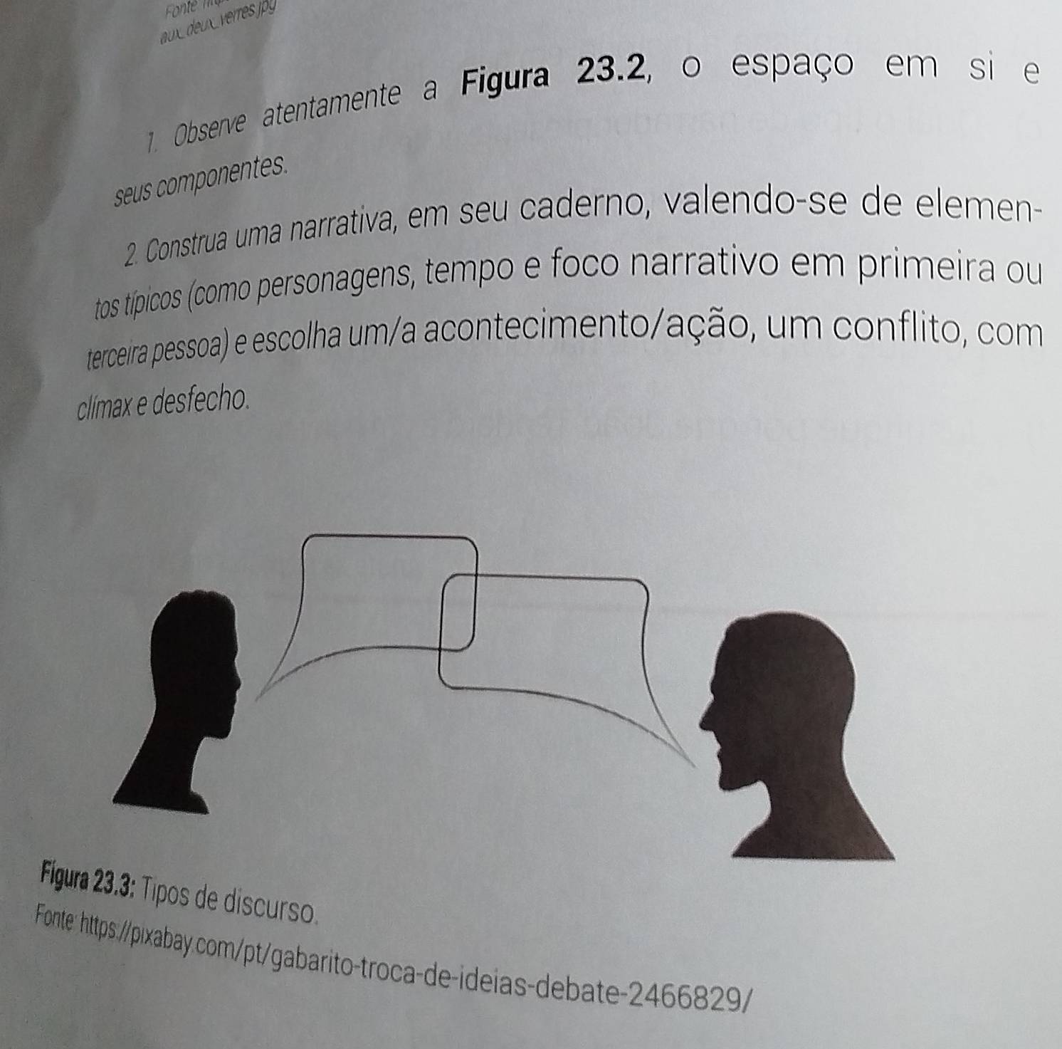 auxdeuxverres.jpg 
1. Observe atentamente a Figura 23.2, o espaço em si e 
seus componentes. 
2. Construa uma narrativa, em seu caderno, valendo-se de elemen- 
tos típicos (como personagens, tempo e foco narrativo em primeira ou 
terceira pessoa) e escolha um/a acontecimento/ação, um conflito, com 
climax e desfecho. 
23.3: Tipos de discurso. 
Fonte: https://pixabay com/pt/gabarito-troca-de-ideias-debate-2466829/