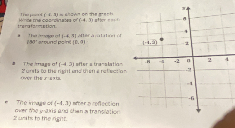 The point (-4,3) is shown on the graph.
Write the coordinates of (-4,3) after each
transformation.
The image of (-4,3) after a rotation of
180° around point (0,0).
b The image of (-4,3) after a translation 
2 units to the right and then a reflection
over the r-axis.
c The image of (-4,3) after a reflection
over the y-axis and then a translation
2 units to the right.