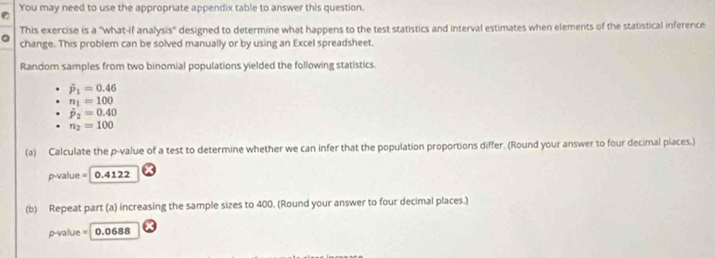 You may need to use the appropriate appendix table to answer this question. 
This exercise is a "what-if analysis" designed to determine what happens to the test statistics and interval estimates when elements of the statistical inference 
change. This problem can be solved manually or by using an Excel spreadsheet. 
Random samples from two binomial populations yielded the following statistics.
hat p_1=0.46
n_1=100
hat p_2=0.40
n_2=100
(a) Calculate the p -value of a test to determine whether we can infer that the population proportions differ. (Round your answer to four decimal places.)
p-value = 0.4122
(b) Repeat part (a) increasing the sample sizes to 400. (Round your answer to four decimal places.)
p-value = 0.0688