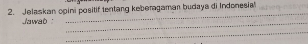 Jelaskan opini positif tentang keberagaman budaya di Indonesia! 
Jawab :_ 
_ 
_