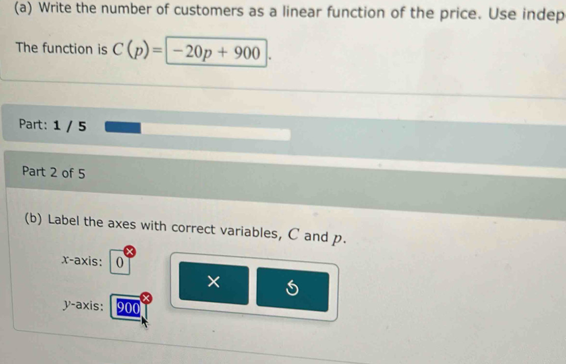 Write the number of customers as a linear function of the price. Use indep 
The function is C(p)=-20p+900. 
Part: 1 / 5 
Part 2 of 5 
(b) Label the axes with correct variables, C and p. 
x-axis: 0
× 
y-axis: 900