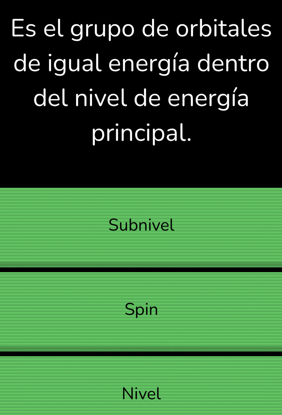 Es el grupo de orbitales
de igual energía dentro
del nivel de energía
principal.
Subnivel
Spin
Nivel