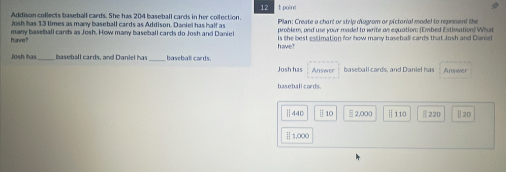 12 1 point 
Addison collects baseball cards. She has 204 baseball cards in her collection. Plan: Create a chart or strip diagram or pictorial model to represent the 
Josh has 13 times as many baseball cards as Addison. Daniel has half as 
many baseball cards as Josh. How many baseball cards do Josh and Daniel problem, and use your model to write an equation: (Embed Estimation) What 
have? is the best estimation for how many baseball cards that Josh and Daniel 
have? 
Josh has_ baseball cards, and Daniel has _baseball cards. 
Josh has Answer baseball cards, and Daniel has Ariswer 
baseball cards. 
Ⅱ 440 § 10 2,000 110 Ⅱ 220 Ⅱ 20
1,000