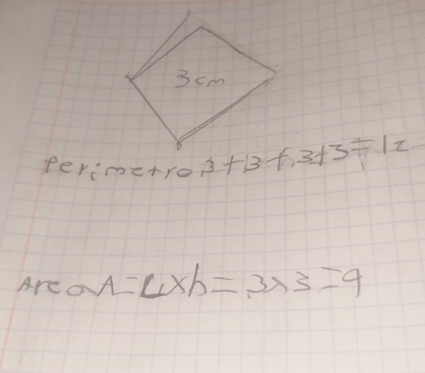 Perime+ro 0.3+3+3+3+12
Ar cos A=L* h=3* 3=9