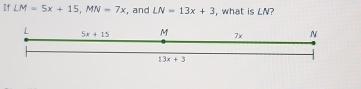 If LM=5x+15,MN=7x , and LN=13x+3 , what is LN?