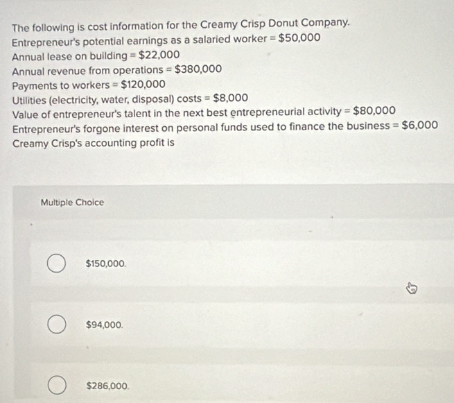 The following is cost information for the Creamy Crisp Donut Company.
Entrepreneur's potential earnings as a salaried worker =$50,000
Annual lease on building =$22,000
Annual revenue from operations =$380,000
Payments to workers =$120,000
Utilities (electricity, water, disposal) costs =$8,000
Value of entrepreneur's talent in the next best entrepreneurial activit y=$80,000
Entrepreneur's forgone interest on personal funds used to finance the business =$6,000
Creamy Crisp's accounting profit is
Multiple Choice
$150,000.
$94,000.
$286,000.