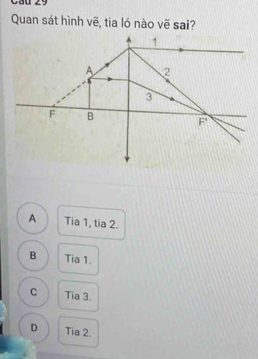 Quan sát hình vẽ, tia ló nào vẽ sai?
^ 1
A 2
3
F B
2x-3)=2x-2.
A Tia 1, tia 2.
B Tia 1.
C Tia 3.
D Tia 2.