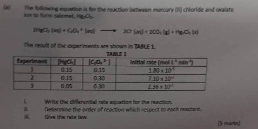 The following equation is for the reaction between mercury (II) chloride and oxalate
ion to form calomel, Hg_2O_2
2HgCl_2(aq)+C_2O_4^((2-)(aq)to 2Cr(aq)+2CO_2)(g)+Hg_2O_2(s)
The result of the experiments are shown in TABLE 1.
L Write the differential rate equation for the reaction.
Determine the order of reaction which respect to each reactant.
Give the rate law.
[5 marks]