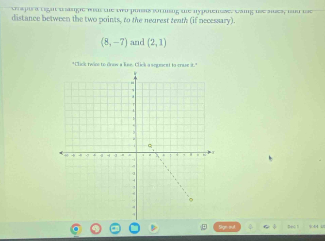 Graph a right trangle with the two poits forming the hypotenise. Osing te sides, uid the 
distance between the two points, to the nearest tenth (if necessary).
(8,-7) and (2,1)
*Click twice to draw a line. Click a segment to erase it." 
Sign out Dec 1 9:44 U