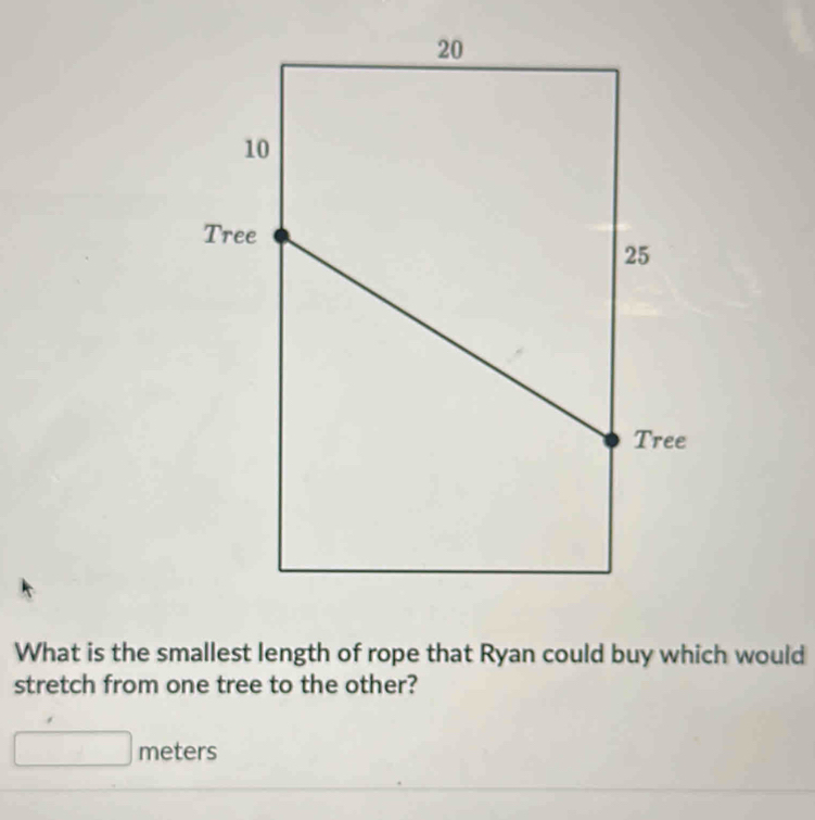 20
10
Tree
25
Tree 
What is the smallest length of rope that Ryan could buy which would 
stretch from one tree to the other?
□ meters