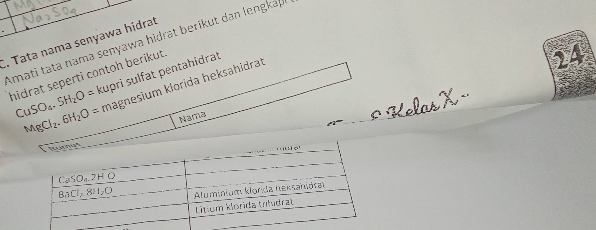 Amati tata nama senyawa hidrat berikut dan lengkap
C. Tata nama senyawa hidrat
CuSO_4.5H_2O= kupri sulfat pentahidrat
hidrat seperti contoh berikut.
MgCl_2.6H_2O= magnesium klorida heksahidrat
24
Nama