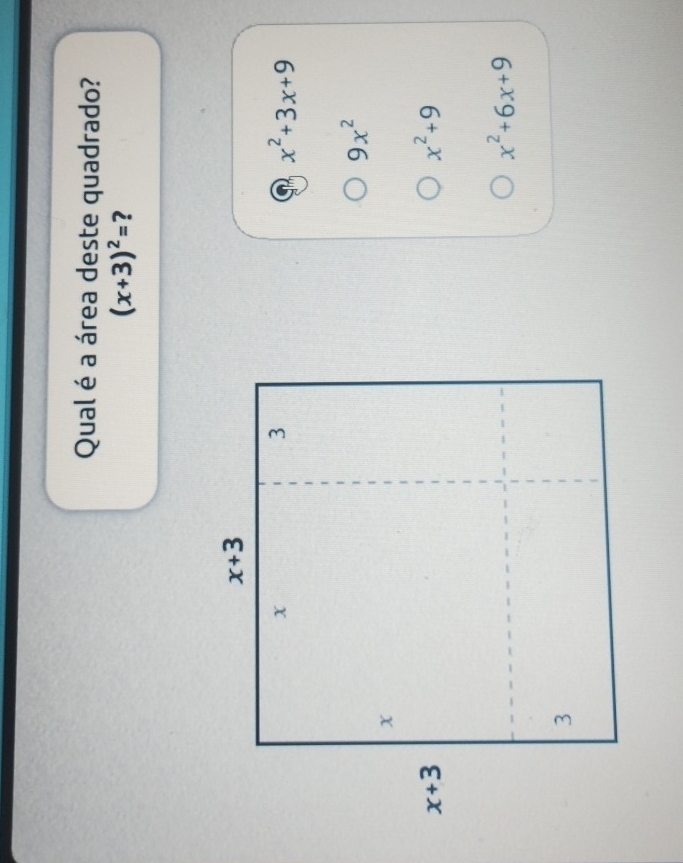 Qual é a área deste quadrado?
(x+3)^2= ?
x^2+3x+9
9x^2
x^2+9
x^2+6x+9