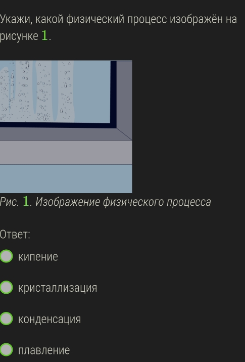 Уκажи, какой φизический πроцесс изображён на
рисунке 1.
Ρис. 1. Изображение φизического πроцесса
Otbet:
Kиление
криСтаЛЛизация
конденсация
плавление