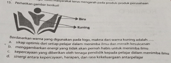 ükuš māšyarakat terus mengarah pada produk-produk perusahaan
15. Perhatikan gambar berikut!
Berdasarkan warna yang digunakan pada logo, makna dari warna kuning adalah ….
a. sikap optimis dari setiap pelajar dalam menimba ilmu dan meraih kesuksesan
b. menggambarkan energi yang tidak akan pernah habis untuk menimba ilmu
c. kepercayaan yang diberikan oleh tenaga pendidik kepada pelajar dalam menimba ilmu
d. sinergi antara kepercayaan, harapan, dan rasa kekeluargaan antarpelajar