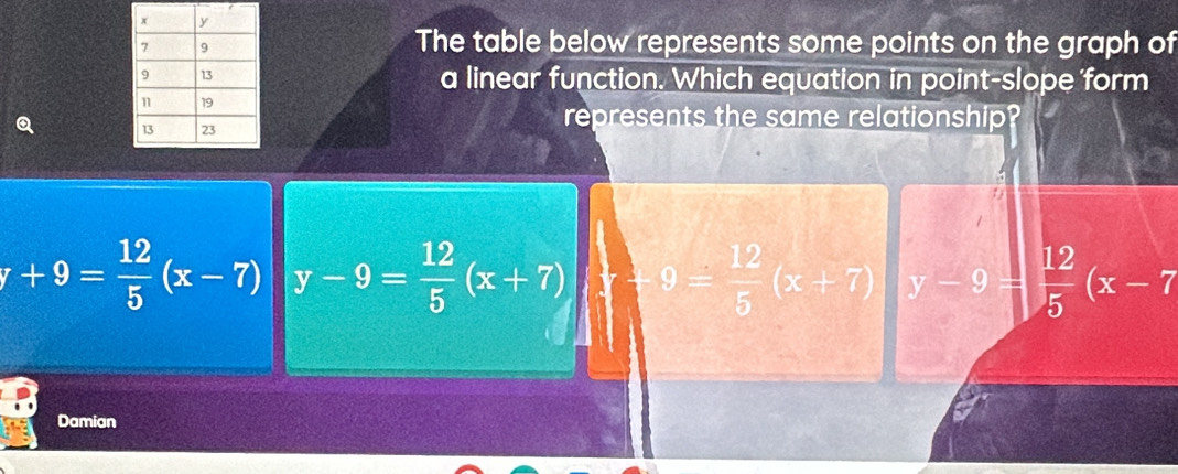 The table below represents some points on the graph of
a linear function. Which equation in point-slope 'form
represents the same relationship?
+9= 12/5 (x-7) y-9= 12/5 (x+7) 7)(x+9= 12/5 (x+7) y-9= 12/5 (x-7
Damian