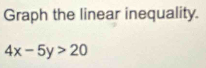 Graph the linear inequality.
4x-5y>20