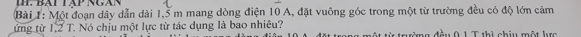 Th BATTập NGAN 
Bài 1: Một đoạn dây dẫn dài 1,5 m mang dòng điện 10 A, đặt vuông góc trong một từ trường đều có độ lớn cảm 
ứng từ 1,2 T. Nó chịu một lực từ tác dụng là bao nhiêu? 
đ ề u 0 1 T thì chiu một lực