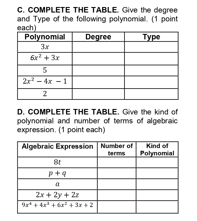 COMPLETE THE TABLE. Give the degree
and Type of the following polynomial. (1 point
D. COMPLETE THE TABLE. Give the kind of
polynomial and number of terms of algebraic
expression. (1 point each)