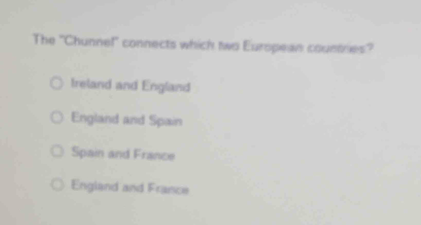 The 'Chunne!' connects which two European countries?
Ireland and England
England and Spain
Spain and France
England and France