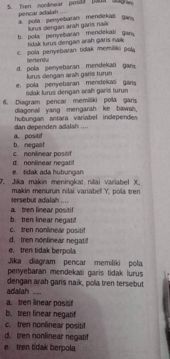 Tren nonlinear positif pada ulagram
pencar adalah ....
a. pola penyebaran mendekati garis
lurus dengan arah garis naik
b. pola penyebaran mendekati garis
tidak lurus dengan arah garis naik
c. pola penyebaran tidak memiliki pola
tertentu
d. pola penyebaran mendekati garis
lurus dengan arah garis turun
e. pola penyebaran mendekati garis
tidak lurus dengan arah garis turun
6. Diagram pencar memiliki pola garis
diagonal yang mengarah ke bawah,
hubungan antara variabel independen
dan dependen adalah ....
a. positif
b. negatif
c. nonlinear positif
d. nonlinear negatif
e. tidak ada hubungan
7. Jika makin meningkat nilai variabel X,
makin menurun nilai variabel Y, pola tren
tersebut adalah ....
a. tren linear positif
b. tren linear negatif
c. tren nonlinear positif
d. tren nonlinear negatif
e. tren tidak berpola
Jika diagram pencar memiliki pola
penyebaran mendekati garis tidak lurus
dengan arah garis naik, pola tren tersebut
adalah ....
a. tren linear positif
b. tren linear negatif
c. tren nonlinear positif
d. tren nonlinear negatif
e. tren tidak berpola