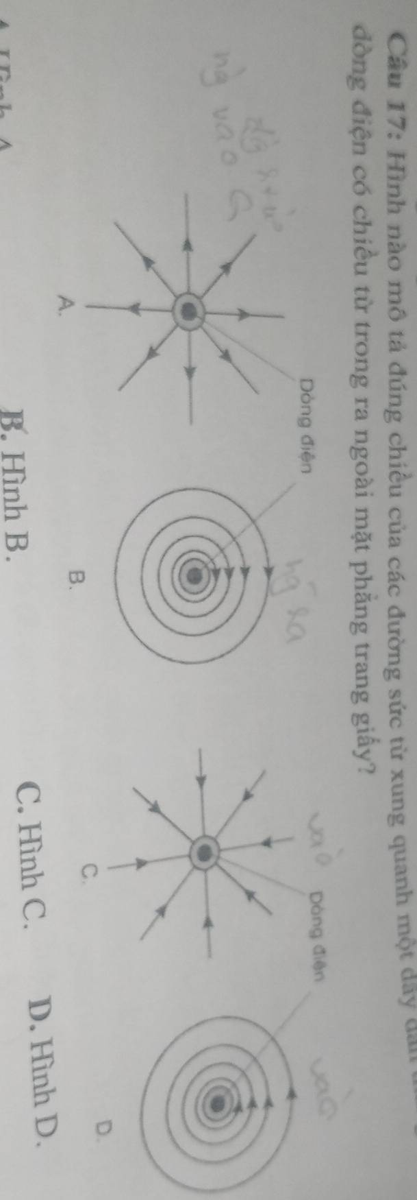 Hình nào mô tả đúng chiều của các đường sức từ xung quanh một đay dan
đòng điện có chiều từ trong ra ngoài mặt phẳng trang giấy?
Dòng điệ Dòng điện
D.
C.
A.
B.
B. Hình B. C. Hình C. D. Hình D.