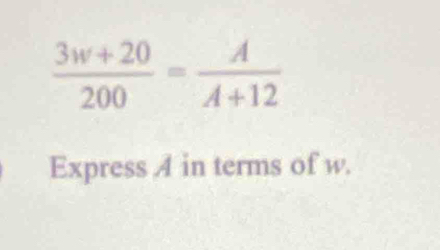 Express A in terms of w.