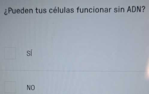 ¿Pueden tus células funcionar sin ADN
sí
NO