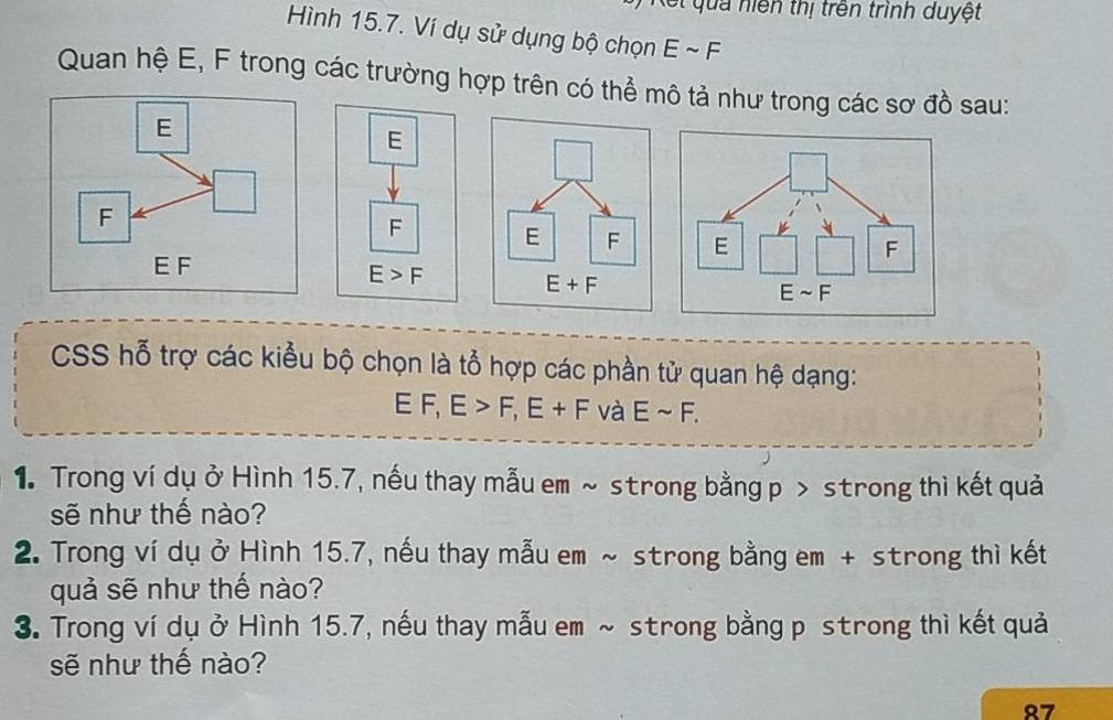 qua niện thị trên trình duyệt
Hình 15.7. Ví dụ sử dụng bộ chọn Esim F
Quan hệ E, F trong các trường hợp trên có thể mô tả như trong các sơ đồ sau:
E
F
E F
CSS hỗ trợ các kiểu bộ chọn là tổ hợp các phần tử quan hệ dạng:
E F, E>F,E+F và Esim F.
1. Trong ví dụ ở Hình 15.7, nếu thay mẫu em ~ strong bằng p > strong thì kết quả
sẽ như thế nào?
2. Trong ví dụ ở Hình 15.7, nếu thay mẫu em ~ strong bằng em + strong thì kết
quả sẽ như thế nào?
3. Trong ví dụ ở Hình 15.7, nếu thay mẫu em ~ strong bằng p strong thì kết quả
sẽ như thế nào?
27