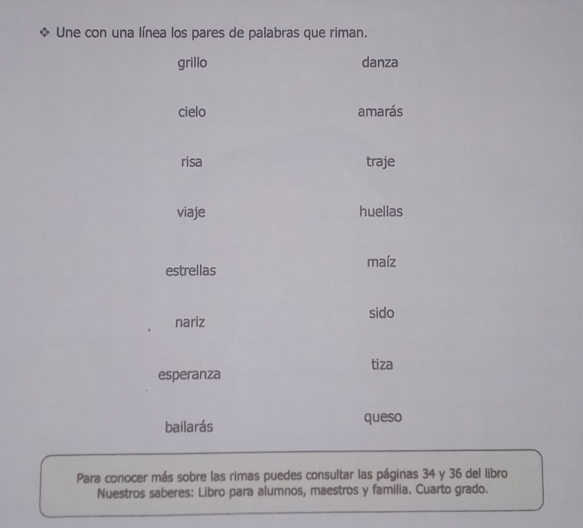 Une con una línea los pares de palabras que riman. 
grillo danza 
cielo amarás 
risa traje 
viaje huellas 
maíz 
estrellas 
sido 
nariz 
tiza 
esperanza 
bailarás queso 
Para conocer más sobre las rimas puedes consultar las páginas 34 y 36 del libro 
Nuestros saberes: Libro para alumnos, maestros y familia. Cuarto grado.