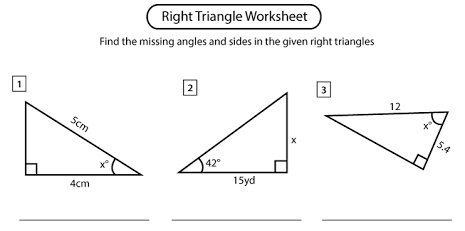 Right Triangle Worksheet
Find the missing angles and sides in the given right triangles
 
__
_