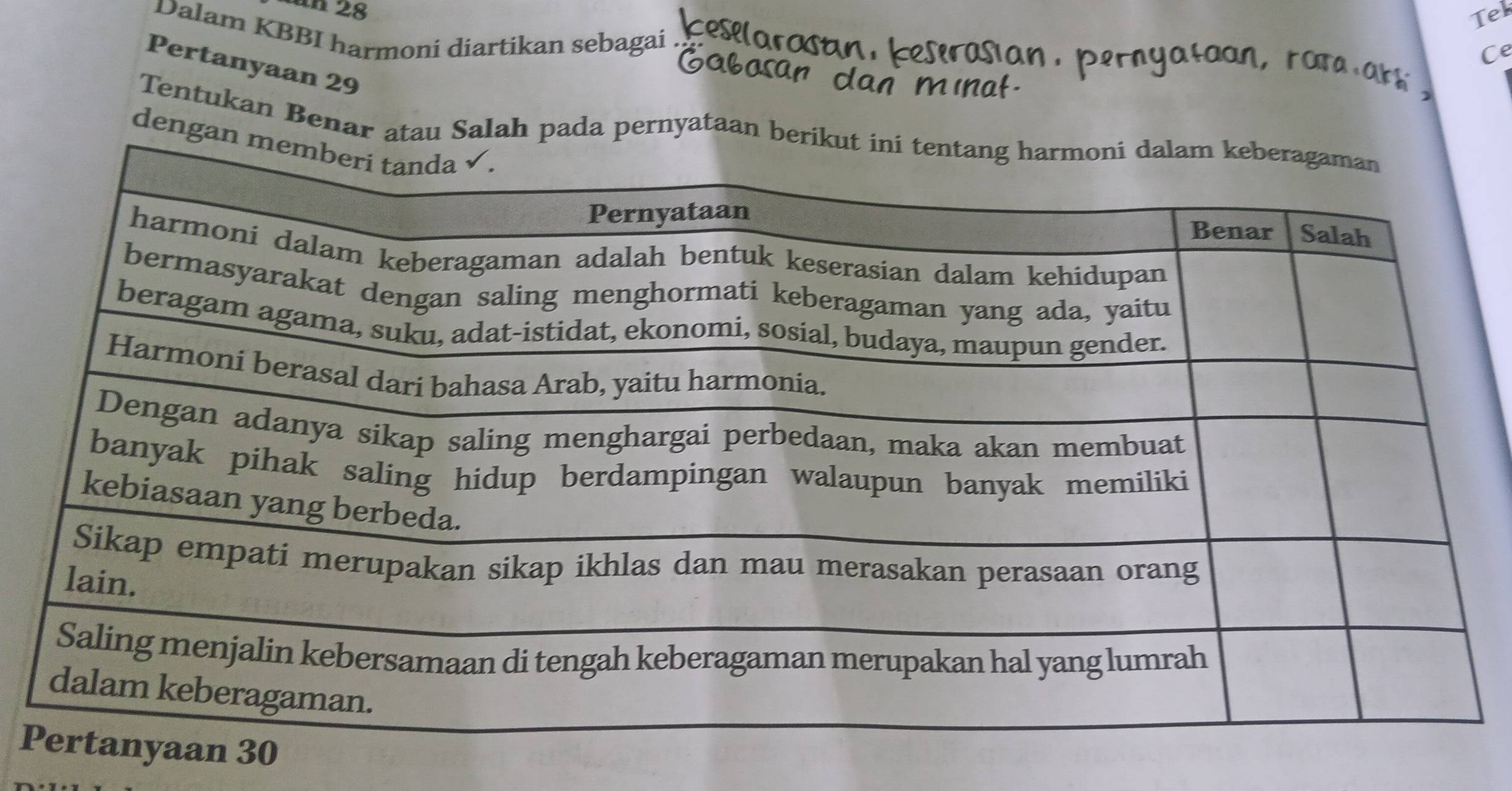 an 28 Tel 
Dalam KBBI harmoni diartikan sebagai 
Ce 
Pertanyaan 29
Tentukan Benar atau Salah pada pernyataan beri 
dengan
P