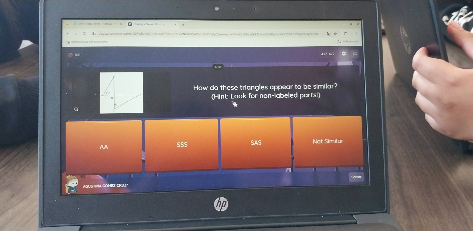 Playing a Game - Quizizz
quizizz.com/join/game/U2FsdGVkX19OYDSdffq6l3Zj7sLkPNle4ZRjWCnuuPJV7vifyQxmwiwynw4KyetQ6fPiLsKKKRUvmQUv8tqCjw%253D%253D7gameType=live
Ca mymall lausd net bookmarks
180 672
How do these triangles appear to be similar?
(Hint: Look for non-labeled parts!)
Q
AA
SSS SAS Not Similar
n
1 1
Saltar
AGUSTINA GOMEZ CRUZ'
