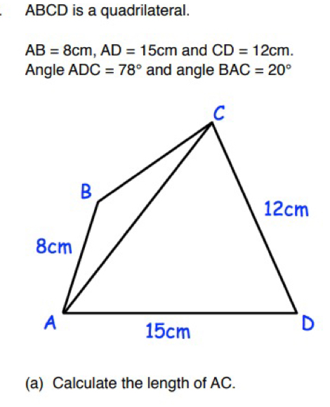 Solved: ABCD is a quadrilateral. AB=8cm, AD=15cm and CD=12cm. Angle ADC ...