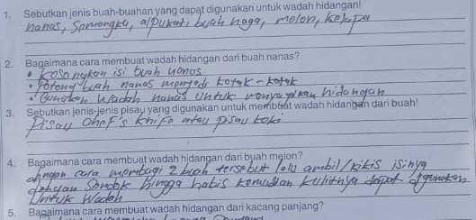 Sebutkan jenis buah-buahan yang dapat digunakan untuk wadah hidangan! 
_ 
_ 
_ 
_ 
2. Bagaimana cara membuat wadah hidangan dari buah nanas? 
_ 
_ 
_ 
3. Sebutkan jenis-jenis pisau yang digunakan untuk membuat wadah hidangan dari buah! 
_ 
_ 
_ 
4. Bagaimana cara membuat wadah hjdangan dari buah meion? 
_ 
* atos 
_ 
5. Bagaimana cara membuat wadah hidangan dari kacang panjang?