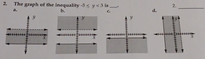 The graph of the inequality -5≤ y<3</tex> is _. 
2._ 
a. 
b. 
C. 
d.