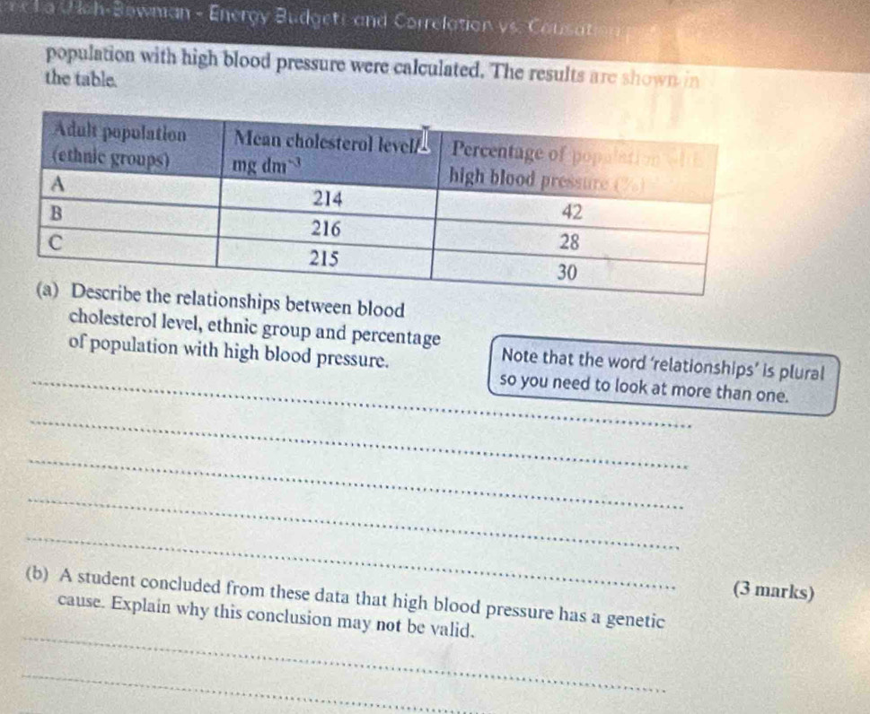 a U loh-Bowman - Energy Budgett and Correlation vs. Cousat
population with high blood pressure were calculated. The results are shown in
the table.
ps between blood
cholesterol level, ethnic group and percentage
of population with high blood pressure.
Note that the word ‘relationships’ is plural
_so you need to look at more than one.
_
_
_
_
(3 marks)
_
(b) A student concluded from these data that high blood pressure has a genetic
cause. Explain why this conclusion may not be valid.
_