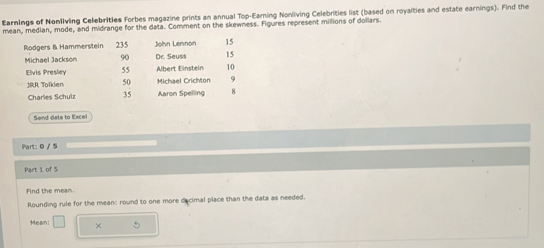 Earnings of Nonliving Celebrities Forbes magazine prints an annual Top-Earning Nonliving Celebrities list (based on royalties and estate earnings). Find the 
mean, median, mode, and midrange for the data. Comment on the skewness. Figures represent millions of dollars. 
Rodgers & Hammerstein 235 John Lennon 15
Michael Jackson 90 Dr. Seuss 15
55
Elvis Presley Albert Einstein 10
JRR Tolkien 50 Michael Crichton 9 
Charles Schulz 35 Aaron Spelling 8 
Send data to Excel 
Part: 0 / 5 
Part 1 of 5 
Find the mean. 
Rounding rule for the mean: round to one more decimal place than the data as needed. 
Mean: