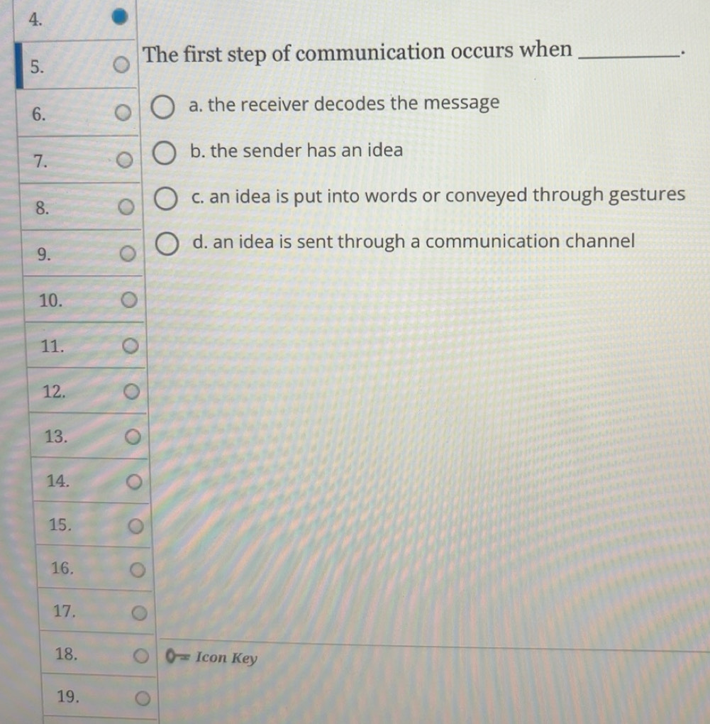 Solved: The first step of communication occurs when_ . 6. a. the ...