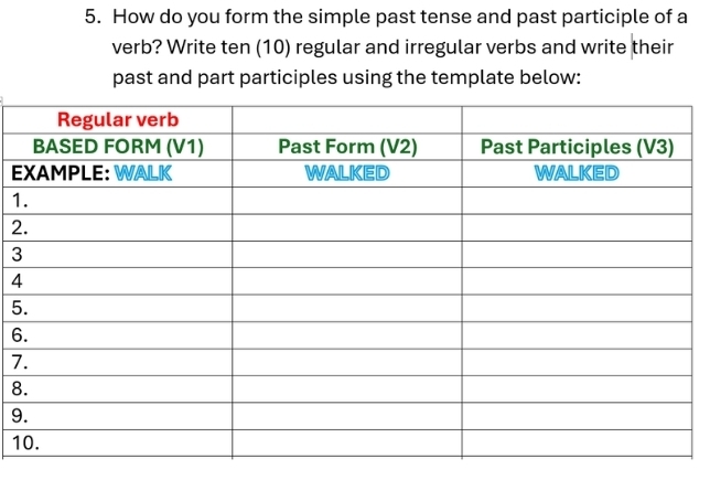 How do you form the simple past tense and past participle of a 
verb? Write ten (10) regular and irregular verbs and write their 
past and part participles using the template below: 
E
1
2
3
4
5
6
7
8
9
1