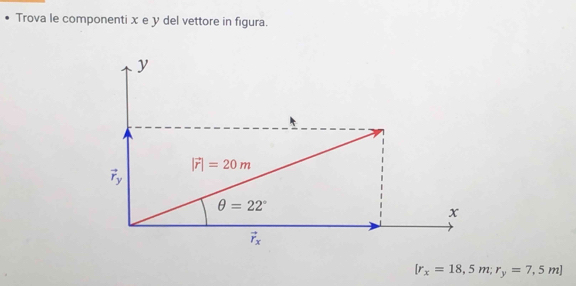 Trova le componenti x e y del vettore in figura.
[r_x=18,5m;r_y=7,5m]